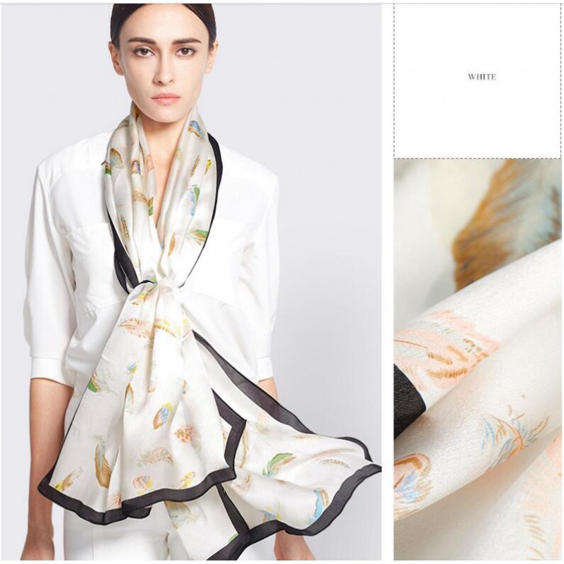 Pure Silk Scarf White Print Women Summer Scarf